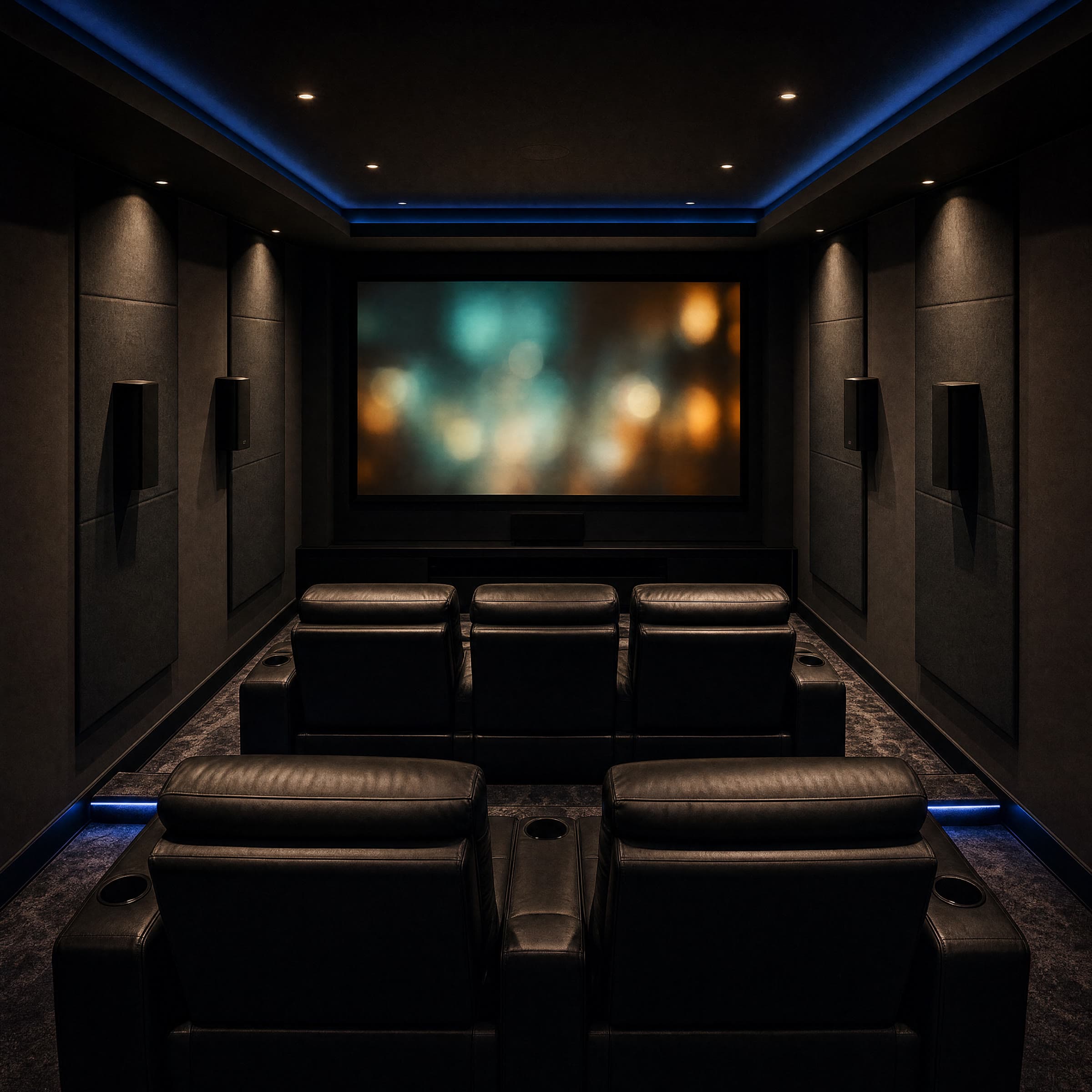 A dedicated home theater — the same frame shown in factory showroom mode on one side of the slider and fully calibrated on the other