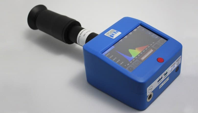 The JETI Spectraval 1511 spectroradiometer showing a spectral power distribution on its display