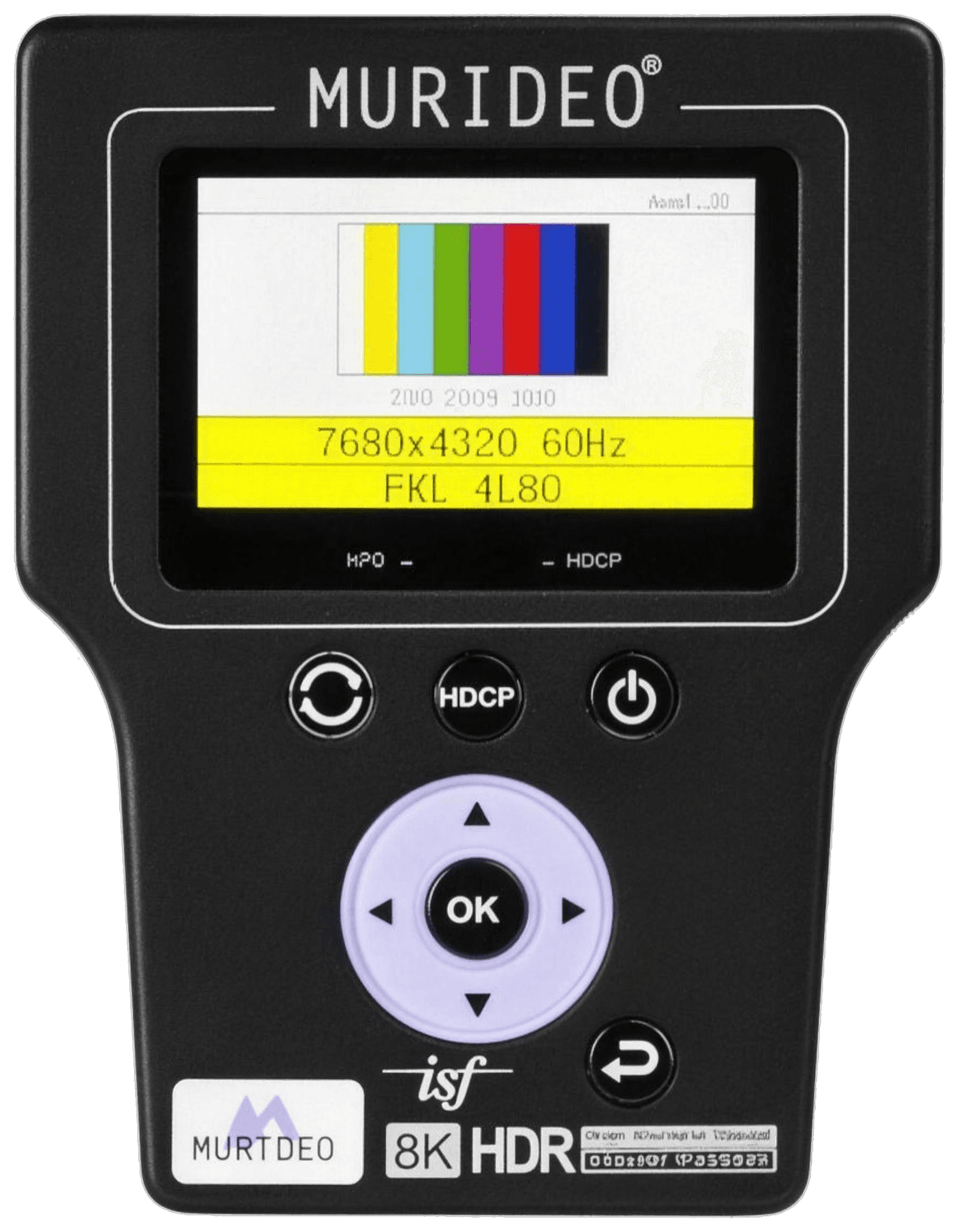 The Murideo 8K HDR reference signal generator displaying color bars at 7680×4320, 60Hz