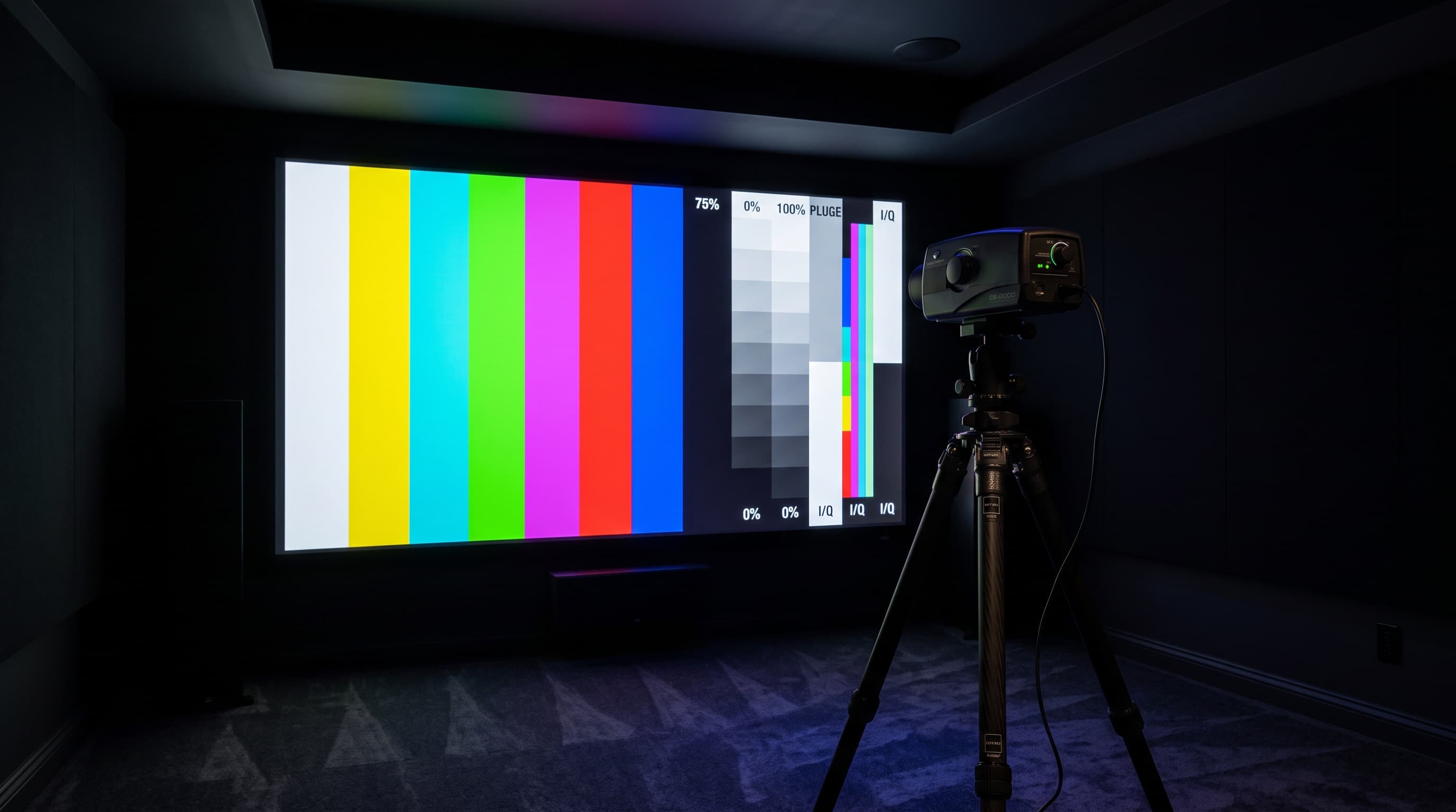 A tripod-mounted calibration meter aimed at a projection screen displaying sharp color-bar and grayscale test patterns in a dark theater
